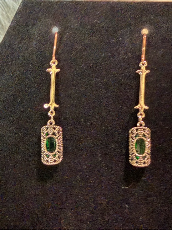 Jewelry - Gold-Tone Drop Earrings with Emerald Green Stone